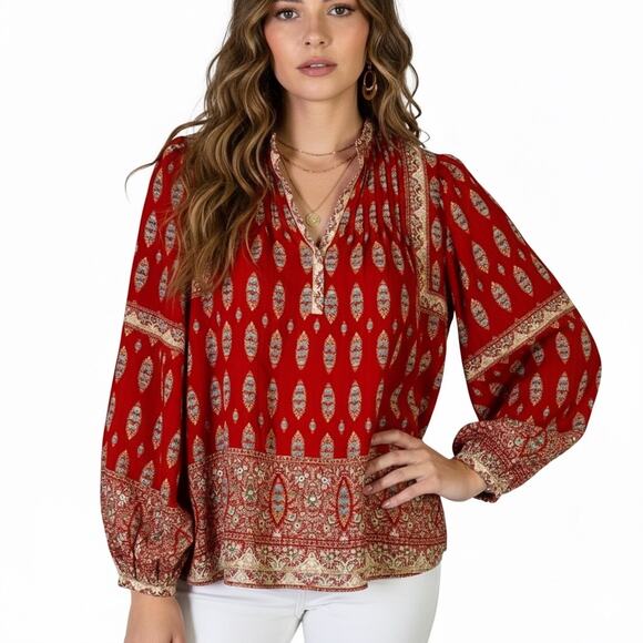 Rose + Olive Paisley Print Peasant Top Womens L Red Hippie Boho Cottagecore - Picture 1 of 7